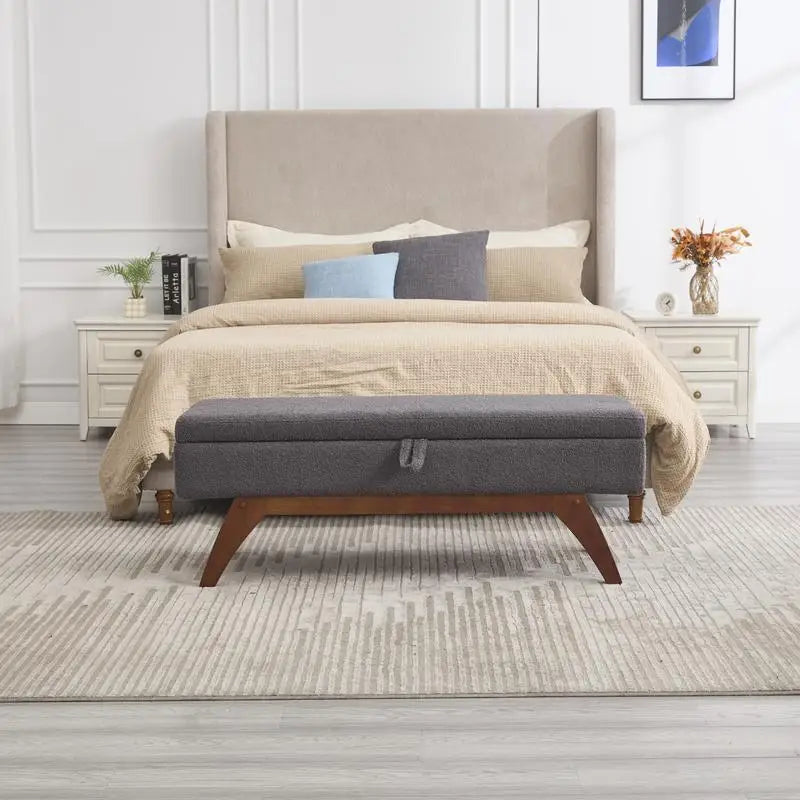 Teddy Wool Fabric Bed End Stool with Storage and Solid Wood Feet
