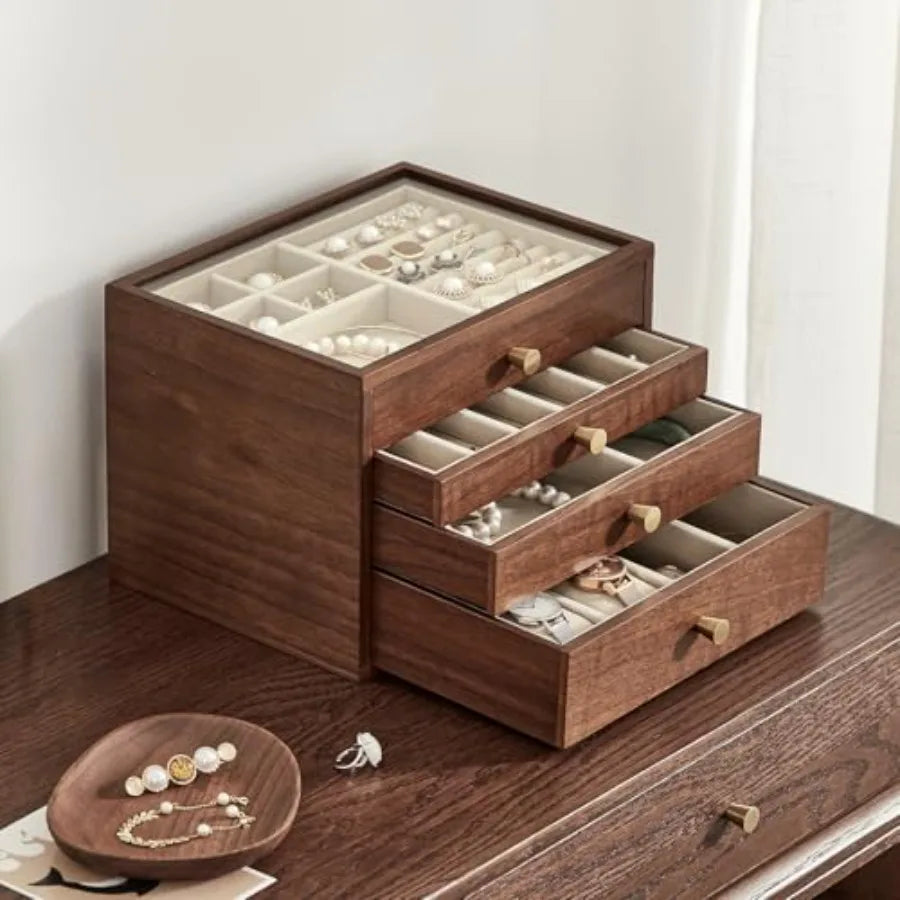 Black Walnut Wooden Jewelry Box for Women large 4 Layer Drawer Organizer Box with Glass Lid for Necklaces Watch Necklace Ring E