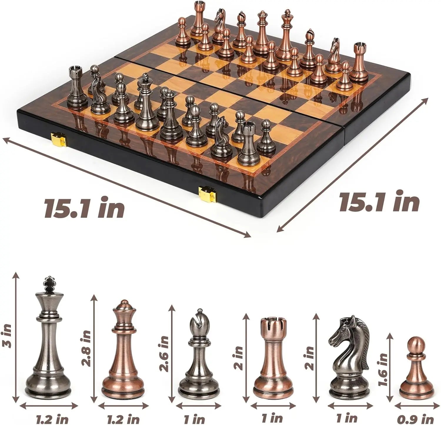 Luxury Metal Chess Set with 15' Wooden Board | Weighted Pieces | 2 Extra Queens | Tournament Style for Adults