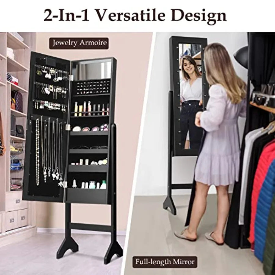 Jewelry Armoire with 18 LED Lights Standing Jewelry Organizer with Full-length Mirror and Built-In Mirror Large Capacity Jewelr