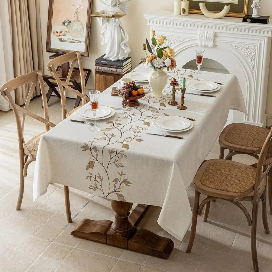 Rustic Waterproof Linen Tablecloth, Heavy Weight Beige Embroidery Table Cloths for Rectangle Tables, Burlap Farmhouse Table Cove