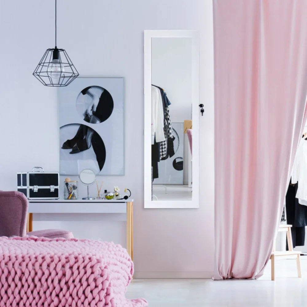 Wall Door Mounted Mirror Jewelry Cabinet Lockable Armoire Organizer W/ LED Light
