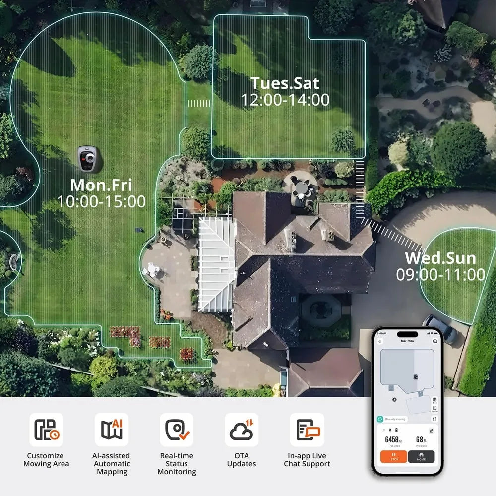 Segway i105N Robot Lawn Mower Perimeter Wire Free 1/8 Acre RTK+Vision Robotic Lawnmower, AI-Assisted Mapping, Virtual