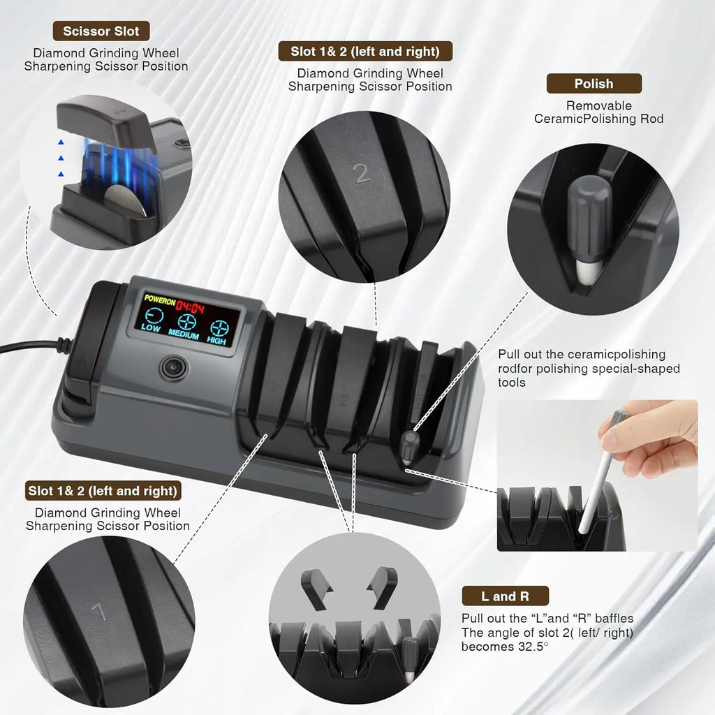 3-Stage Electric Knife Sharpener with LCD Screen, Diamond Abrasive, Adjustable Speed & Precision Guides for All Kitchen Knives