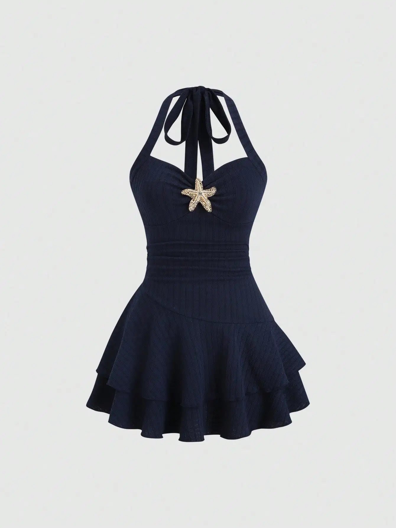 Cream Halter Mini Dress with Starfish Embellishment, Ruched Bodice & Tiered Ruffle Hem for Beach Vacation