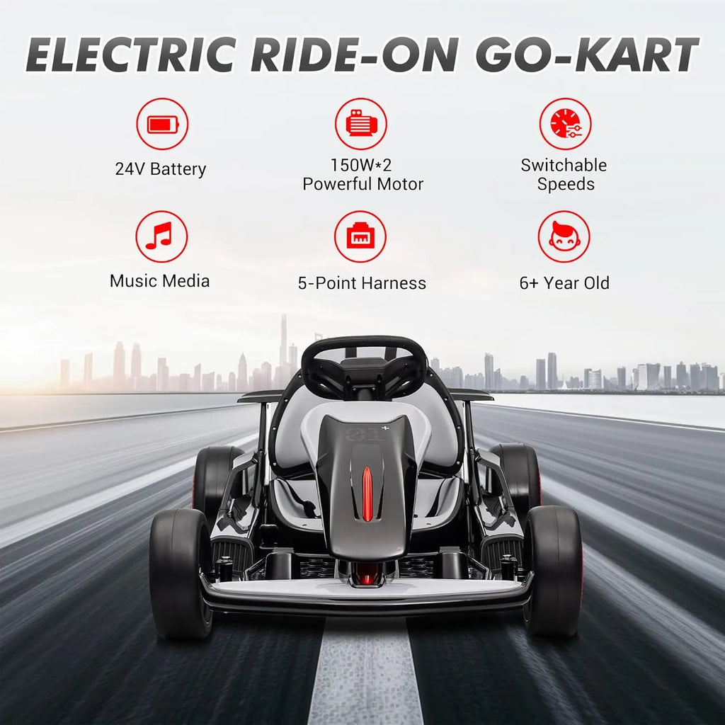 Go Kart, Electric Drift Kart Car with 24V 7Ah Outdoor Ride On Toy 2 * 200W Motor, 8.1 MPH, LED Lights 6-12 Years