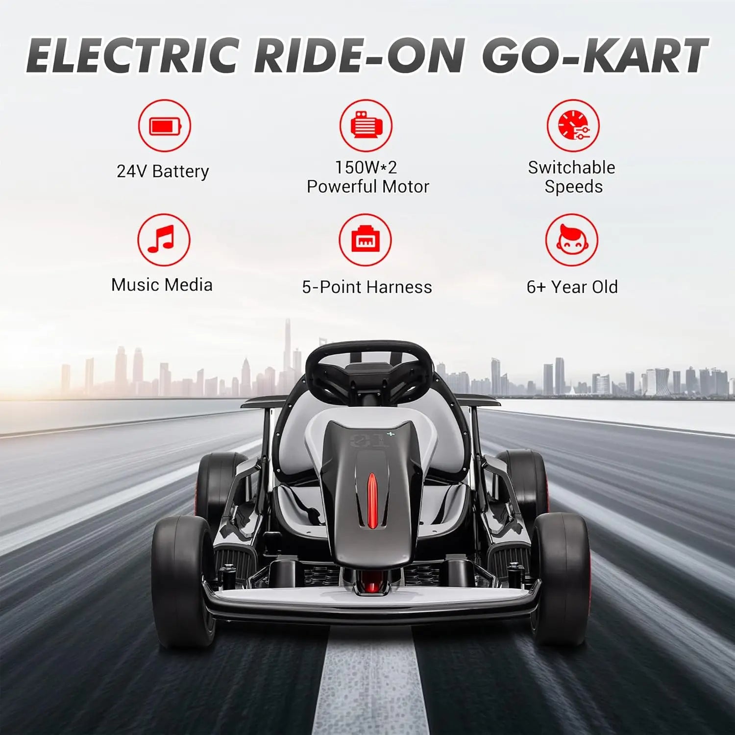 Go Kart, Electric Drift Kart Car with 24V 7Ah Outdoor Ride On Toy 2 * 200W Motor, 8.1 MPH, LED Lights 6-12 Years