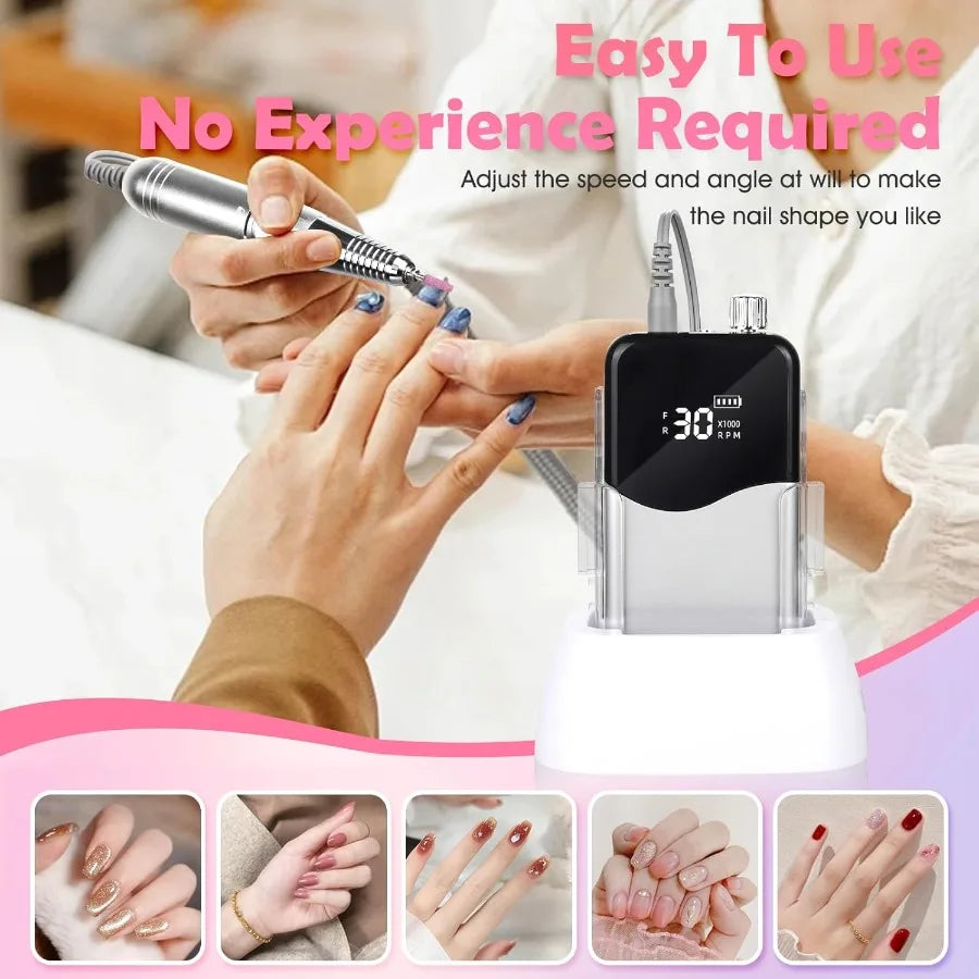 Portable Rechargeable Nail Drill Tool Kit with 35000RPM HighSpeed Electric Nail File and LED Display for Professional Manicure