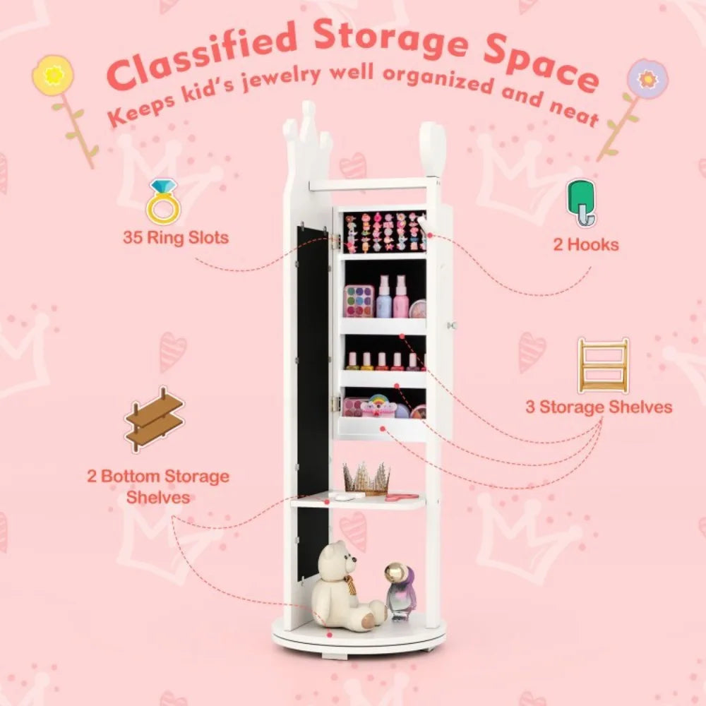 Full Length Mirror Kids Jewelry Cabinet Freestanding Toddler Armoire Swivel Base