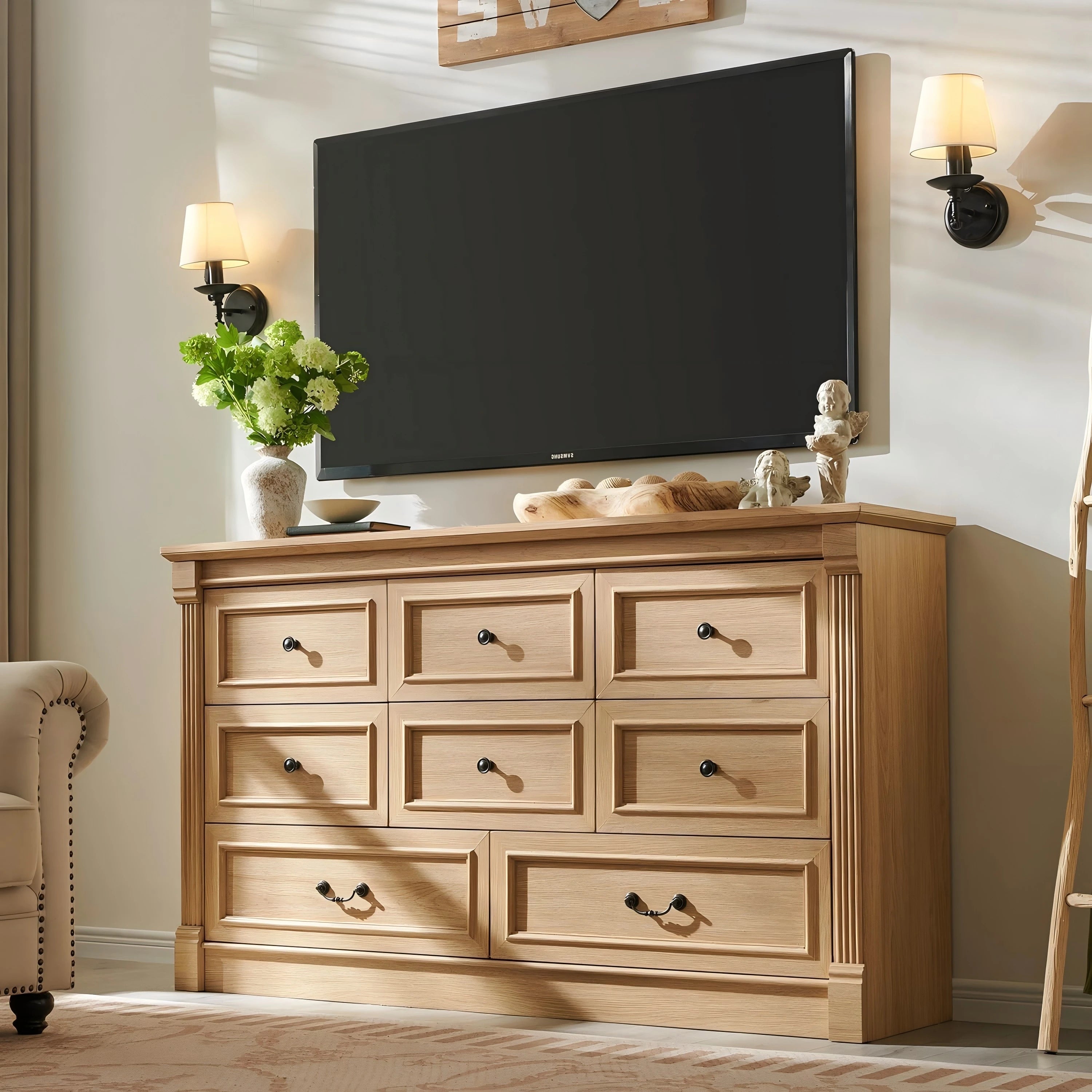 Farmhouse 8 drawer dresser, 61" wide large chest of drawers with Roman Columns, bedroom, hallway, living room, storage