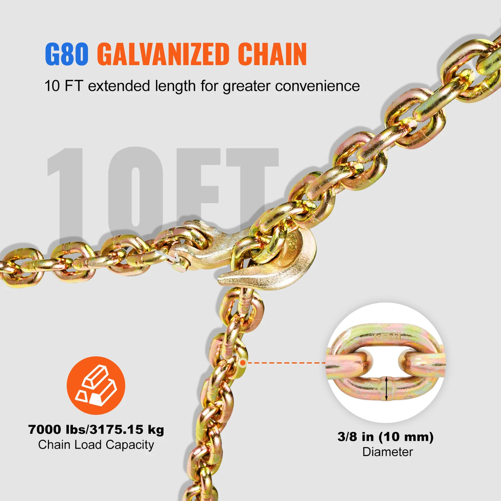 SucceBuy 2pcs Binder Chain 3/8"-1/2" Ratchet Load Tie Down Binders with Grab Hooks G80 Chains for Truck Towing Hauling