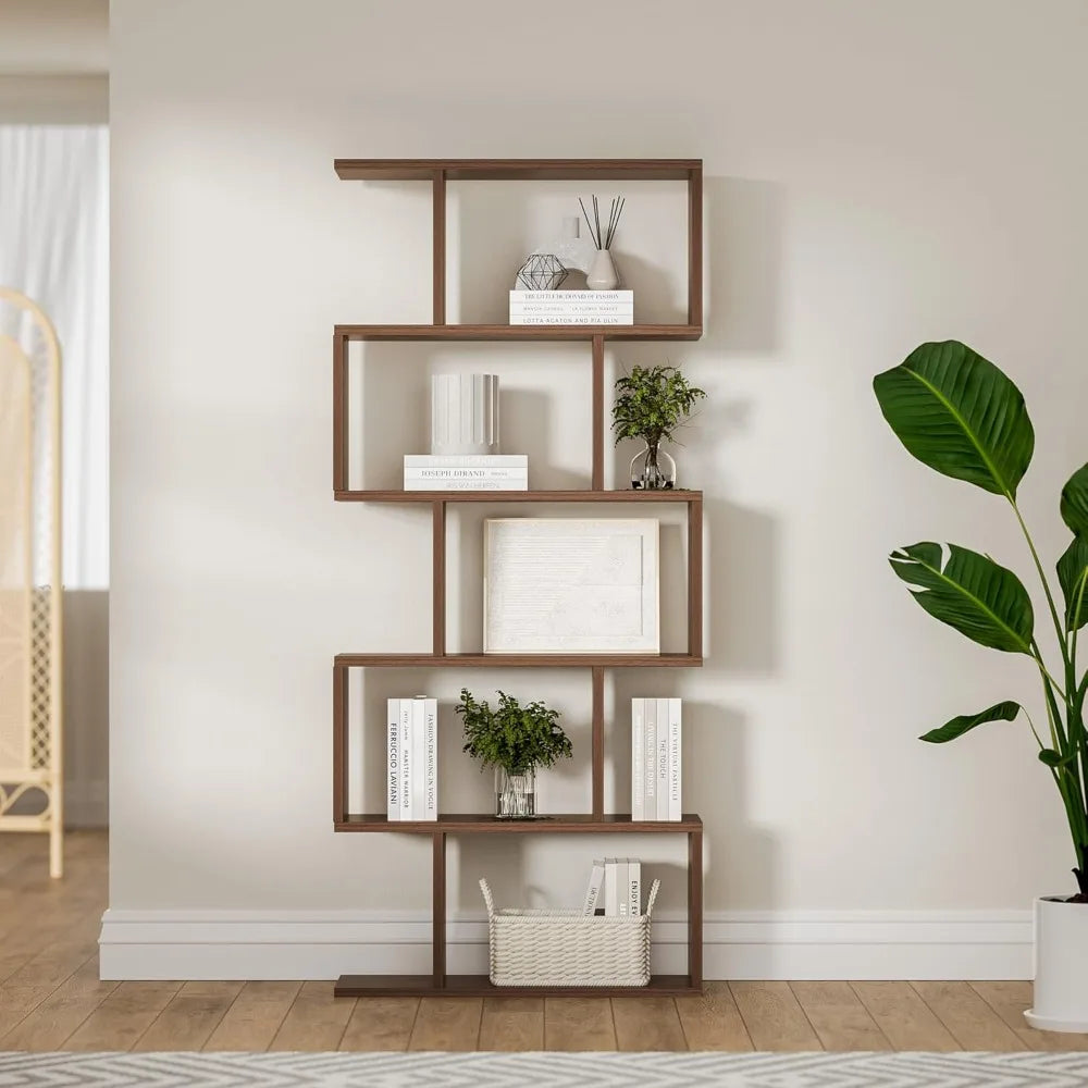 5-Tier Geometric Bookcase, S-Shaped Modern Bookshelf Set of 2, 62.6 Tall Room Divider Book Shelf, Decorative Display Shelf