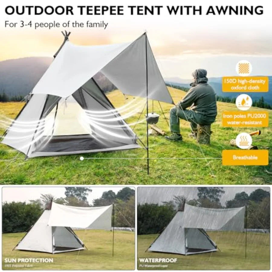 Waterproof 34 Person Camping Tent with Awning Pyramid Teepee Tents for Family 3 Season AntiUV Weatherproof Roomy Tipi Tent for