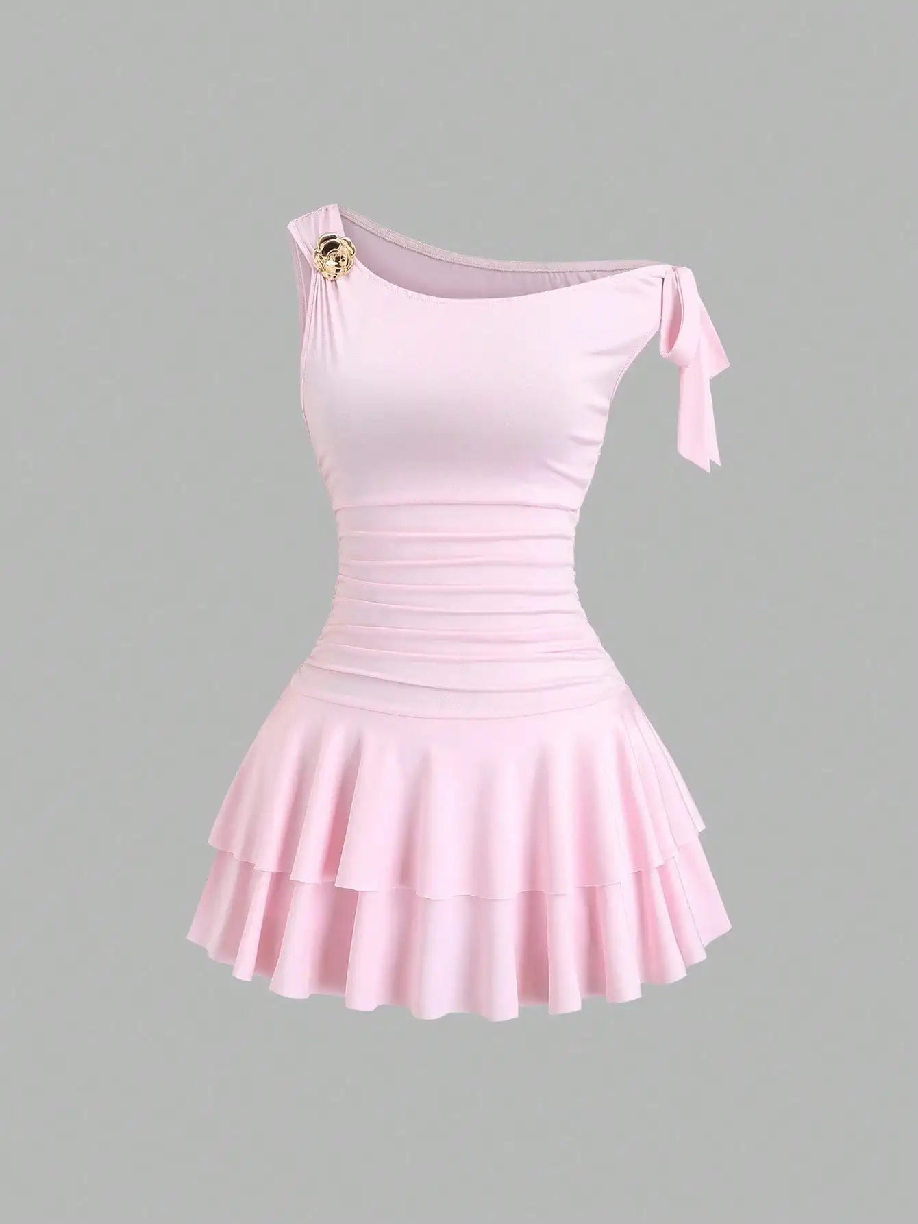 Women's One Shoulder Ruffle Mini Dress with Floral Brooch, Fitted Waist, Elegant Evening Wear