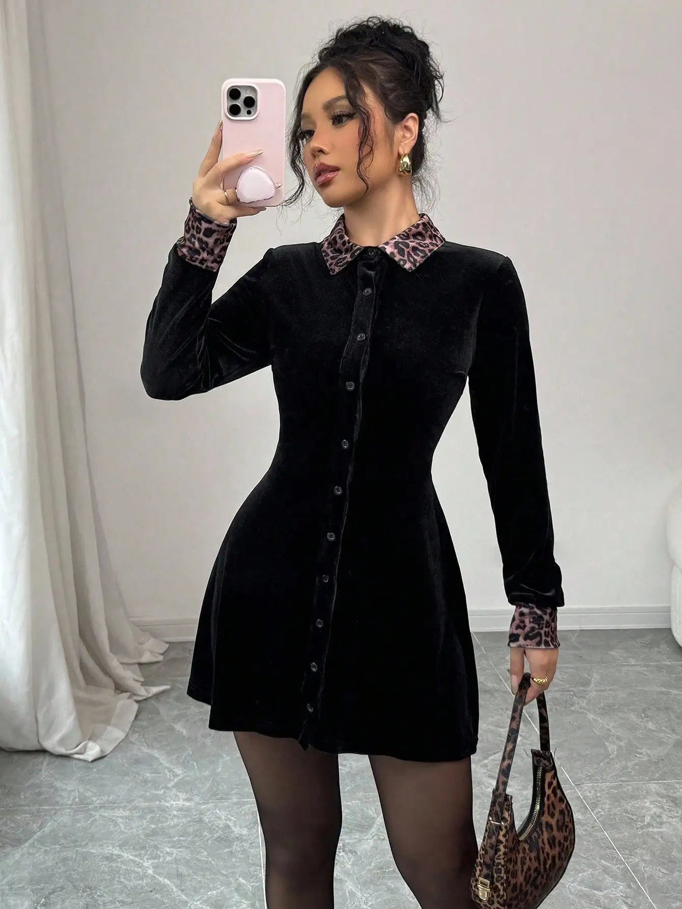 Selianne Leopard Velvet Black Elegant Romantic Minimalist Loose Fit Dress For Women Fall Cloth For Women
