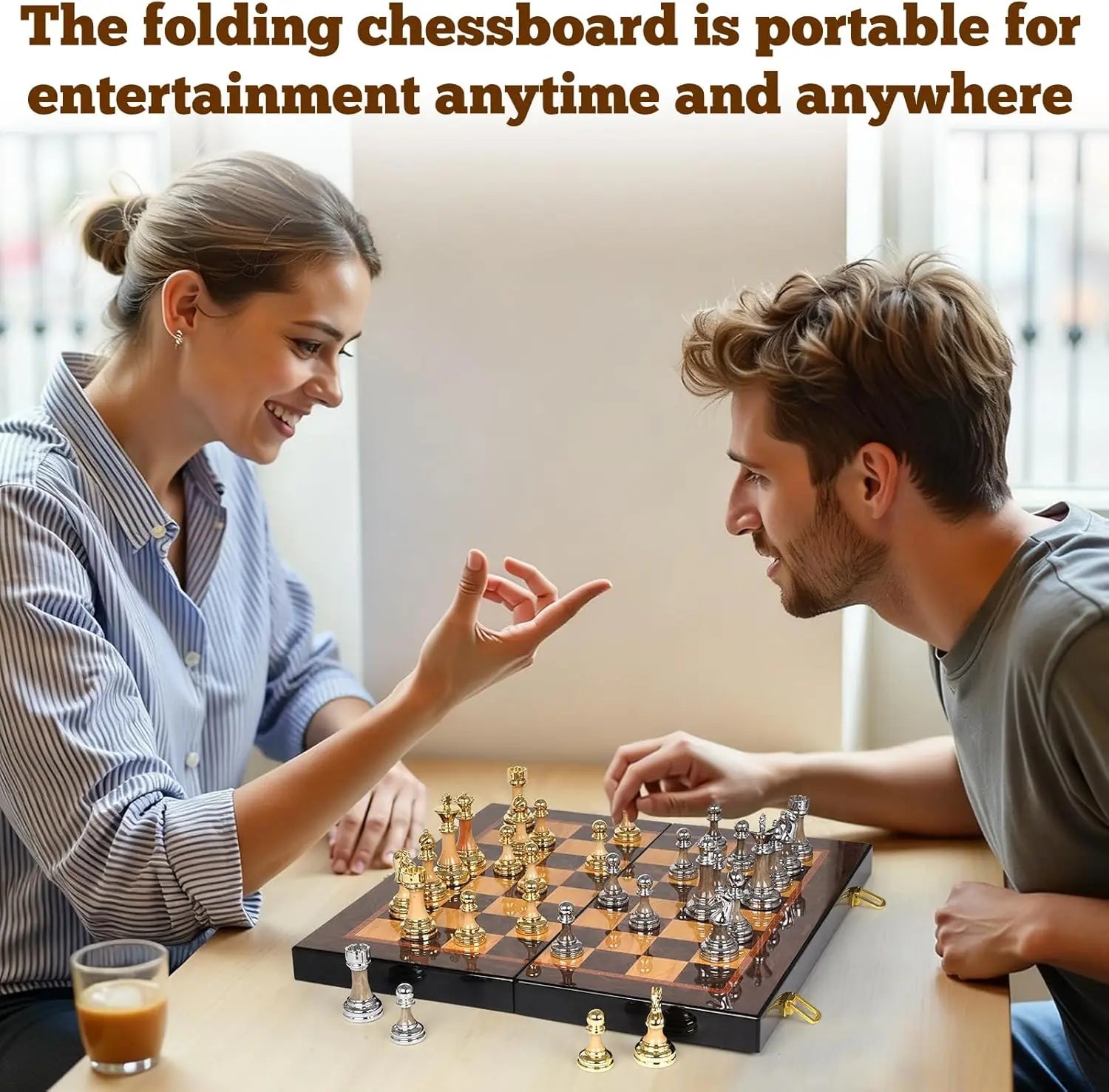 Luxury Metal & Acrylic Chess Set with Wooden Board, 17' Weighted Pieces, 3.5' King, Foldable Tournament Chess Set for Adults Kid