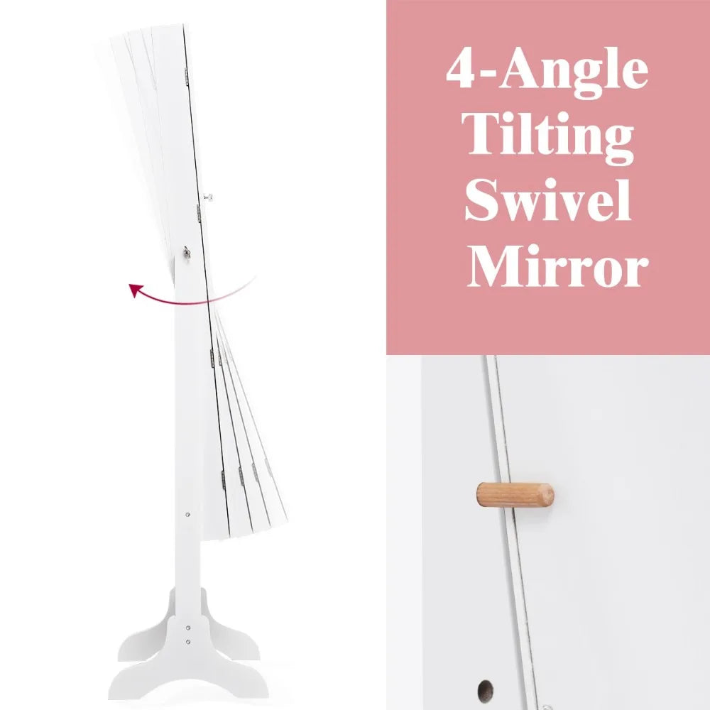 4 Tilting Position Jewelry Organizer Vanity Box w/ Full Length Mirror White