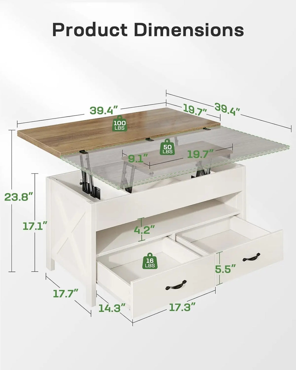 40" Lift Top Coffee Table, 4 in 1 Coffee Table with Hidden Compartment,  Multifunctional Farmhouse Center Tables