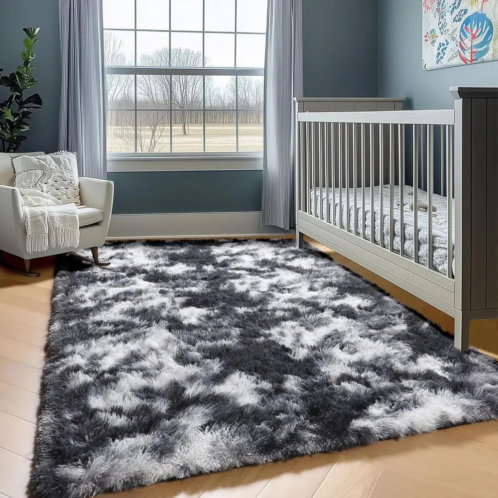 Large 8x10 Black & White Shaggy Rug for Living Room, Kids' Rooms, and Bedrooms - Washable, Plush, Thick Floor Carpet for Home De