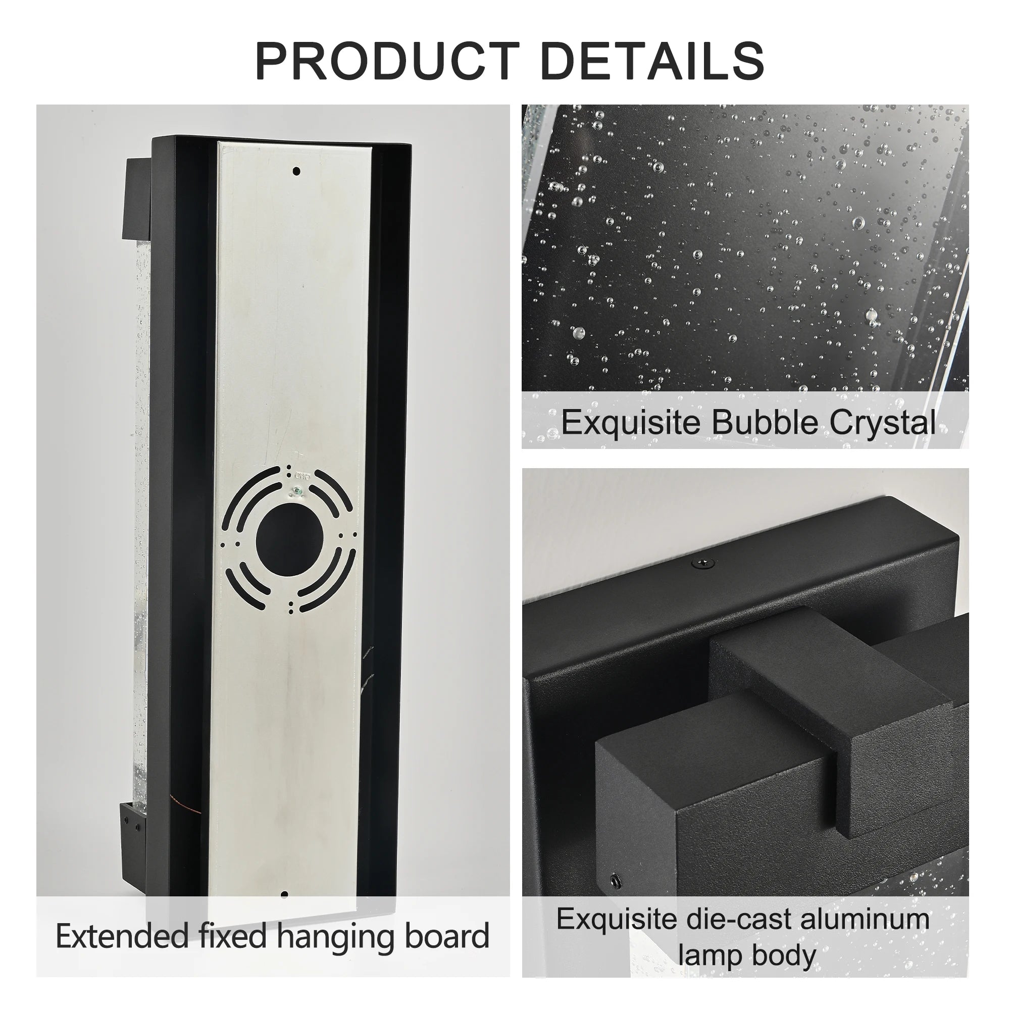 Black Large Aluminum Finish Outdoor Wall Light with Bubble Crystal Glass, LED Light Source, 3000K Warm Light, Weatherproof