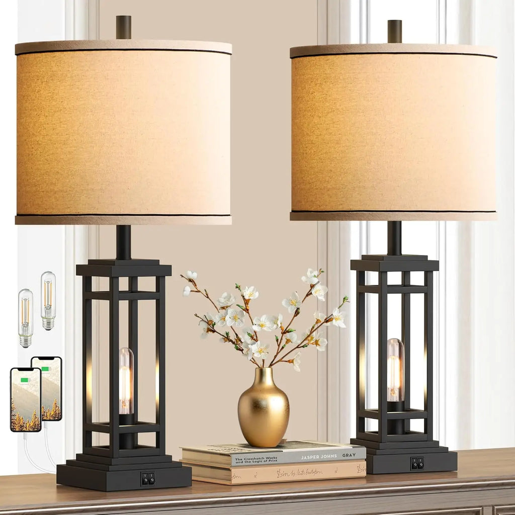 27.5" Tall Farmhouse Table Lamps Set of 2 with USB C/A Charge Ports, Rustic Industrial Black for Bedroom Living Room