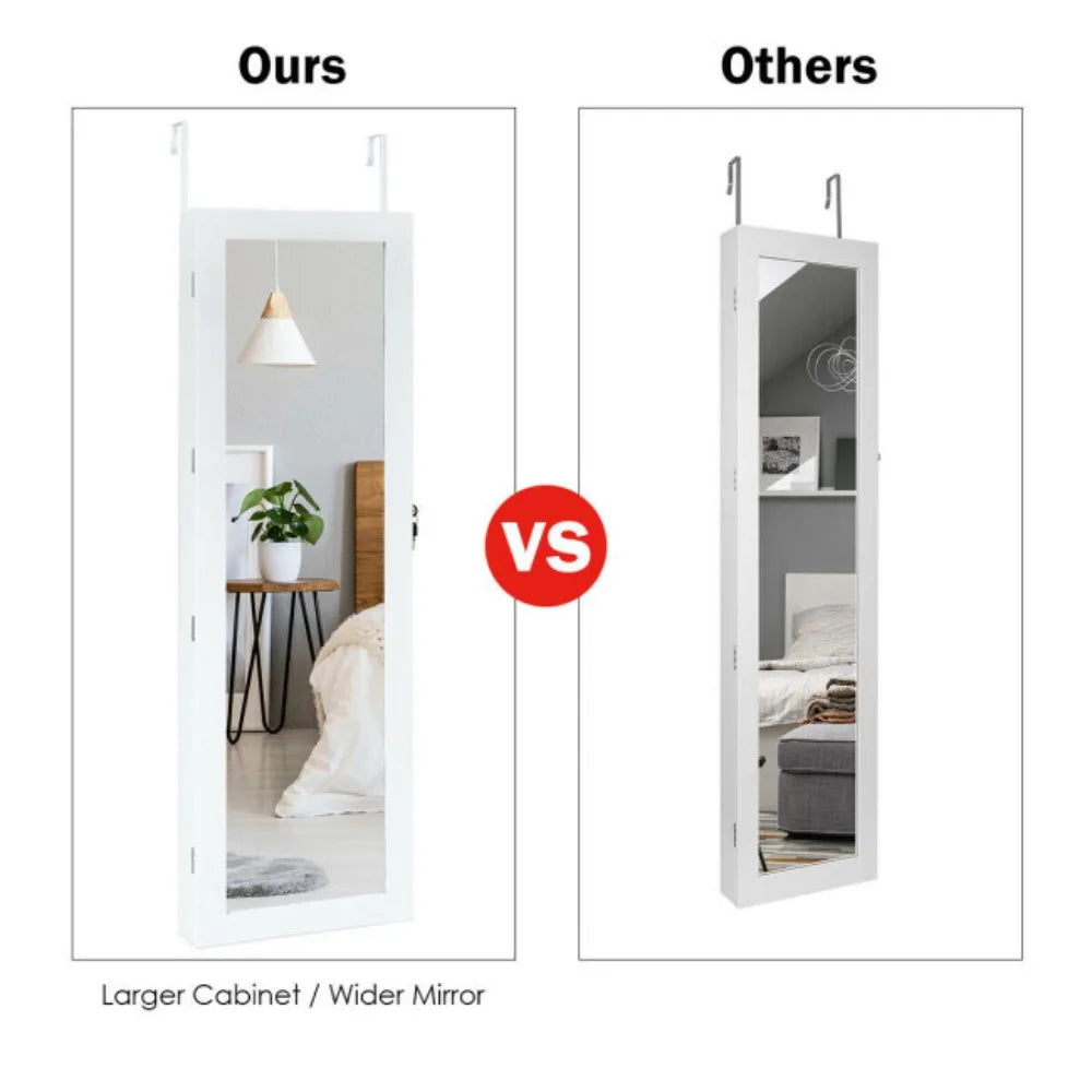 Wall Door Mounted Mirror Jewelry Cabinet Lockable Armoire Organizer W/ LED Light