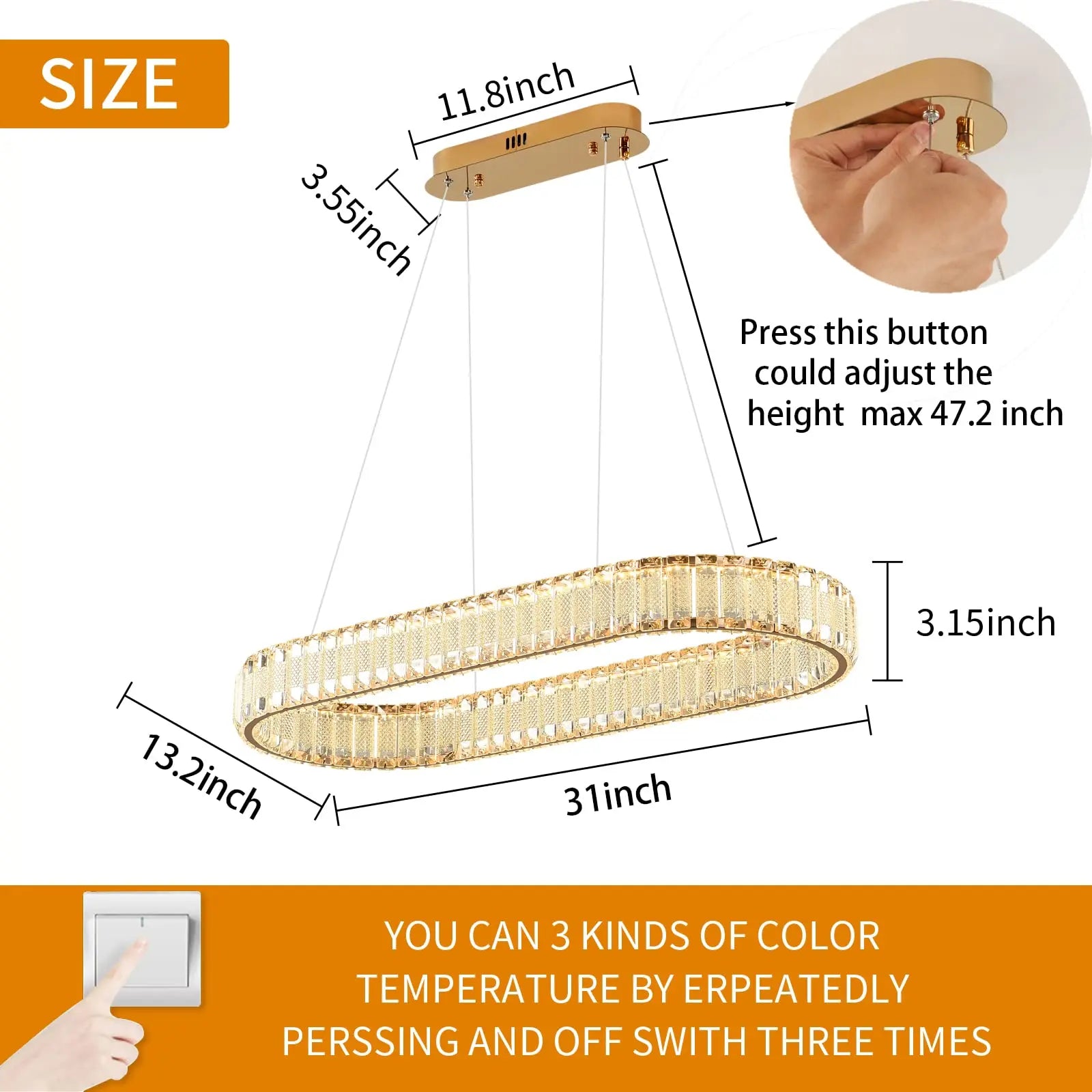 Oval gold pendant lamp, modern crystal pendant lamp, restaurant lighting fixture, pendant lamp, ceiling, living room