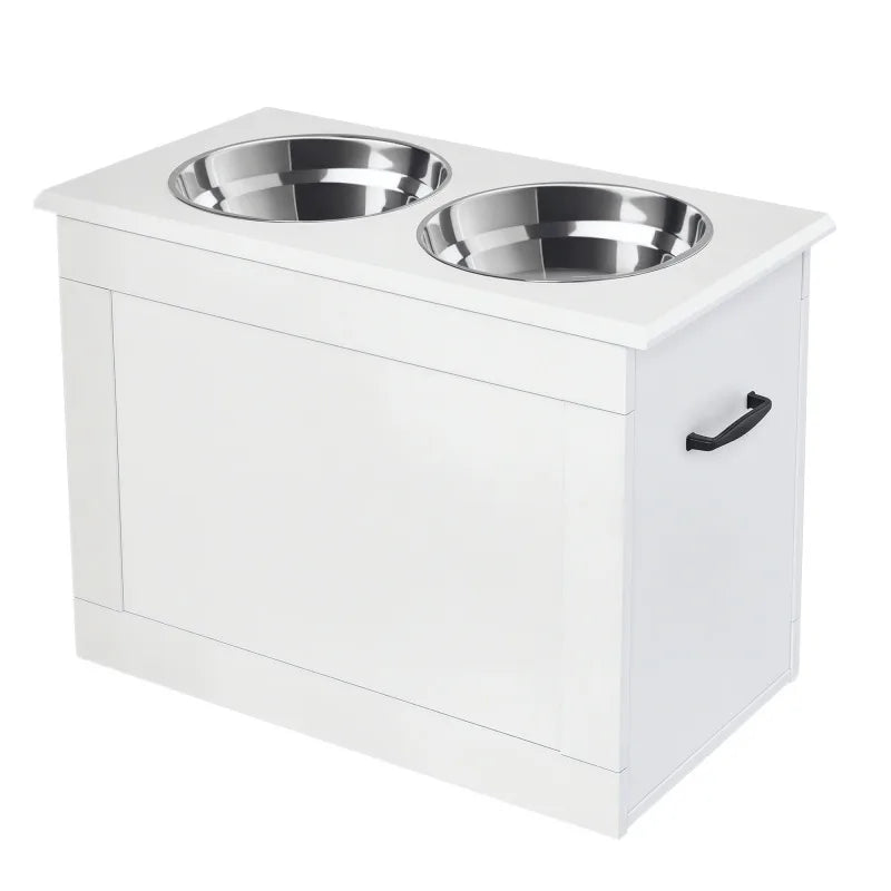 Elevated Dog Bowl With Storage Space White High Feeder - Raised Dog Bowl Stand Large Feeding Station With 2 Pet Bowls