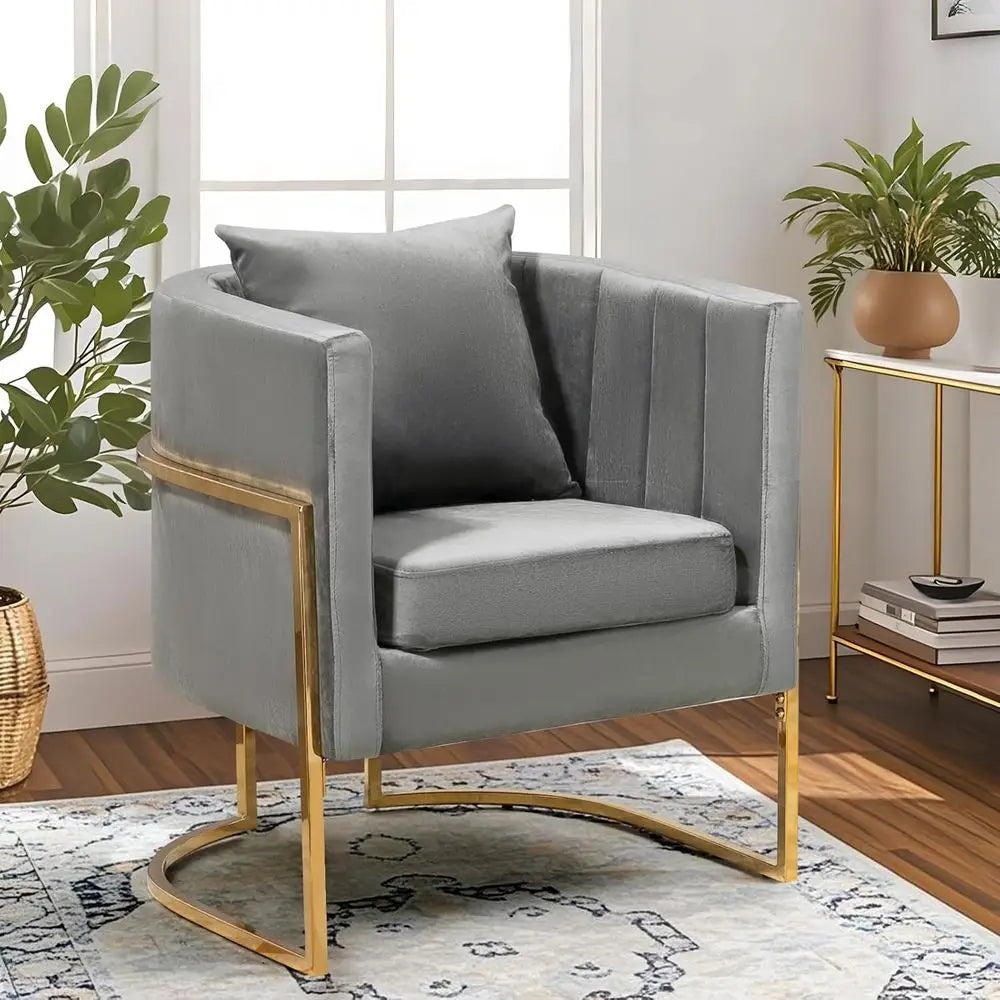 Mid-Century Modern Accent Chairs Set of 2, Grey Upholstered Barrel Armchairs with Gold Metal Legs for Living Room & Bedroom Comf