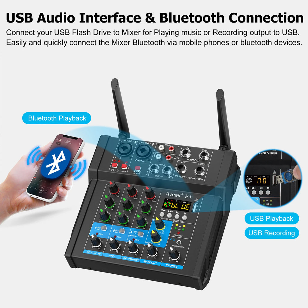 Aveek  Powered Amplifier Audio Mixer,Dual Wireless Mic Sound Board Console Digital USB BluetoothComputer DJ Mixing for Karaoke