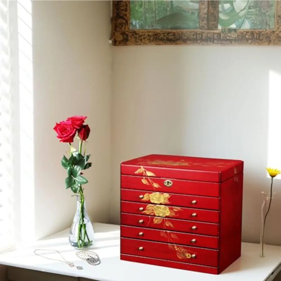 Hand-drawn rose wood jewelry box 6-Layer Jewelry Organizer for womenLarge capacity jewelry storage box with lock in red color s