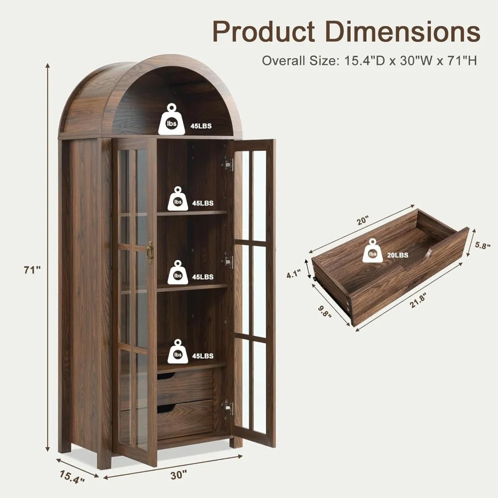 Customized. 71" Tall Arched Kitchen Pantry with Glass Doors, 5 Tier Modern Bookshelf with 2 Drawers, Wooden Storage Cabinet with