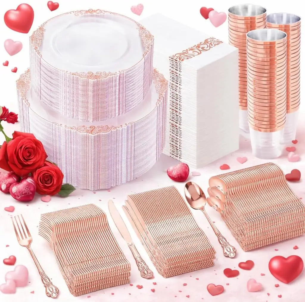 700PCS Gold Plastic Dinnerware Set - White and Gold Disposable Plates for 100 Guest - 200 Disposable Plates, 300 Heavy Duty