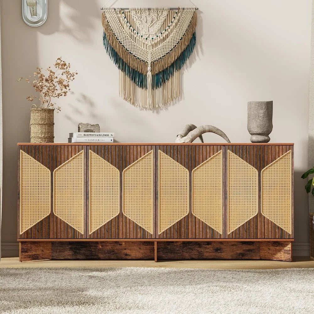 Large Modern Boho Rattan Buffet Sideboard Cabinet with Storage and Credenza