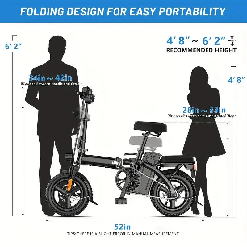 14" Folding Electric Motorcycles Mountain E Bike for Adults, 450W Peak Motor Ebike 20Mph 19.5Miles 48V 10.5AH Electric Bicycle