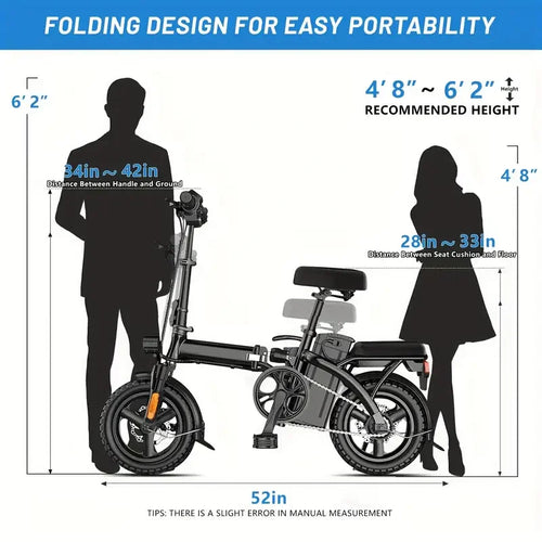 14" Folding Electric Motorcycles Mountain E Bike for Adults, 450W Peak Motor Ebike 20Mph 19.5Miles 48V 10.5AH Electric Bicycle