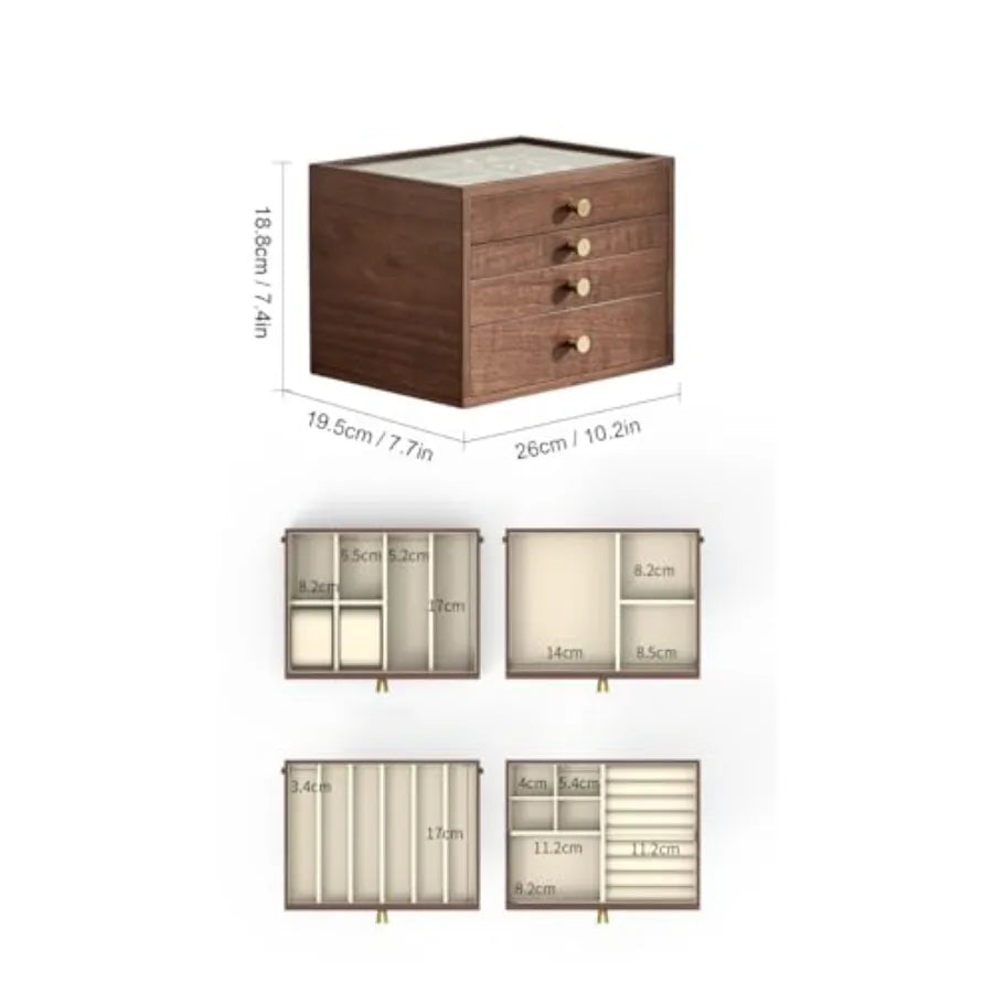 Black Walnut Wooden Jewelry Box for Women large 4 Layer Drawer Organizer Box with Glass Lid for Necklaces Watch Necklace Ring E