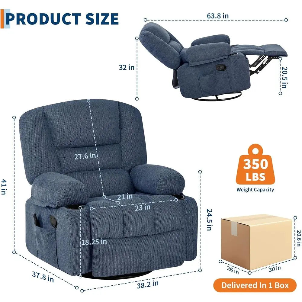 Oversized Wide Recliner Chair-Heat and Vibration Massage, 360° Swivel Rocker Chair or Adults,Chenille abric Manual Recliner with