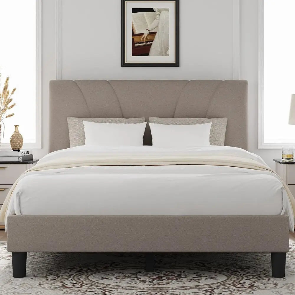 Queen Size Bed Frame with Upholstered Headboard, Wood Slat Support, No Box Spring Needed, Heavy Duty, Easy Assembly, Beige