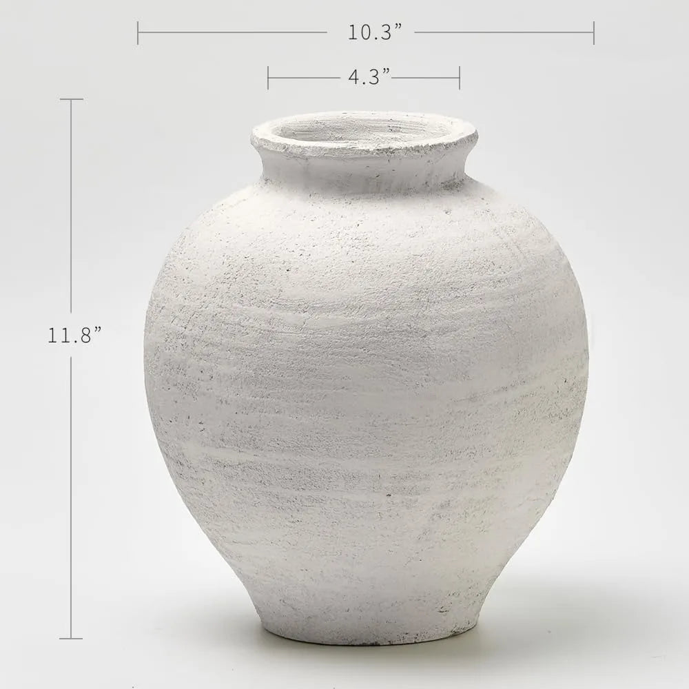 Large White Ceramic Zen Vase, 11 Tall Rustic Style, Terra Cotta Pitcher, Distressed Farmhouse Decor, Pottery Art, Long Tail Home
