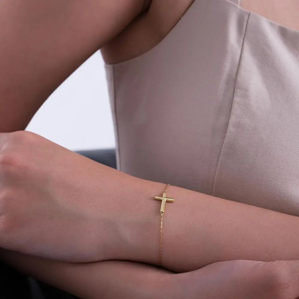 14K Gold-Plated Sideways Cross Women's Bracelet - Dainty CZ-Accented Christian Jewelry, Perfect Religious Gift for Baptism or He
