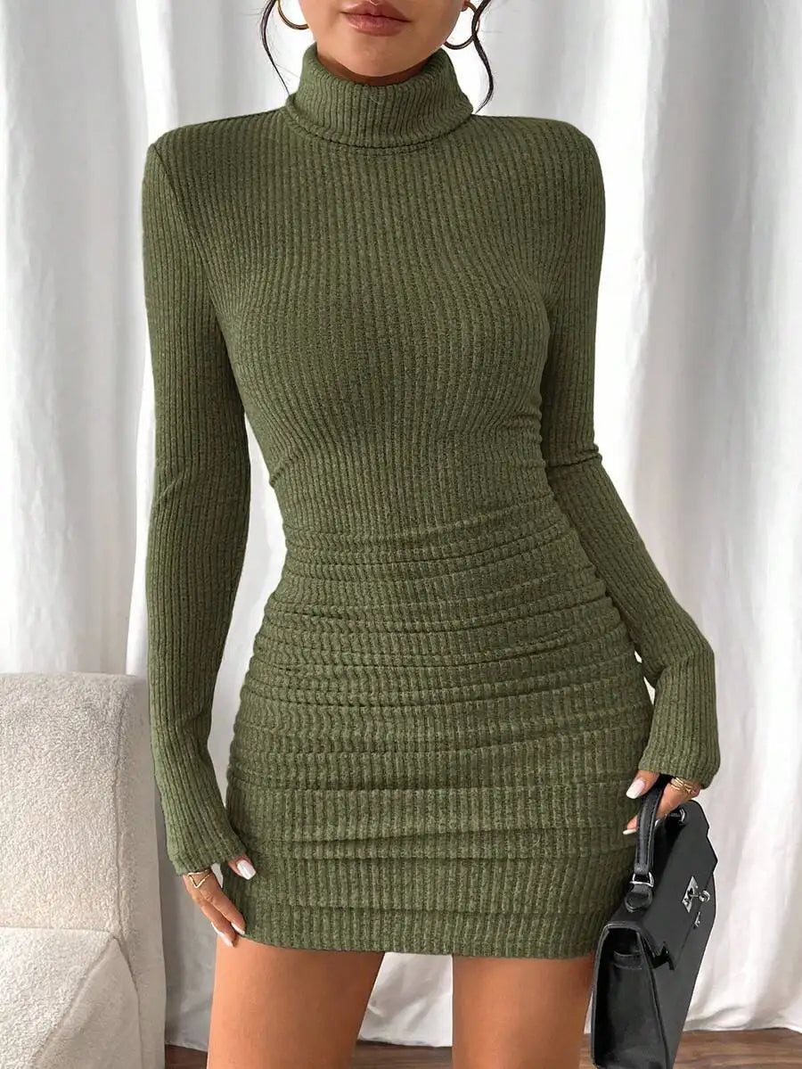 Women's Ribbed Knit Turtleneck Long Sleeve Bodycon Mini Dress