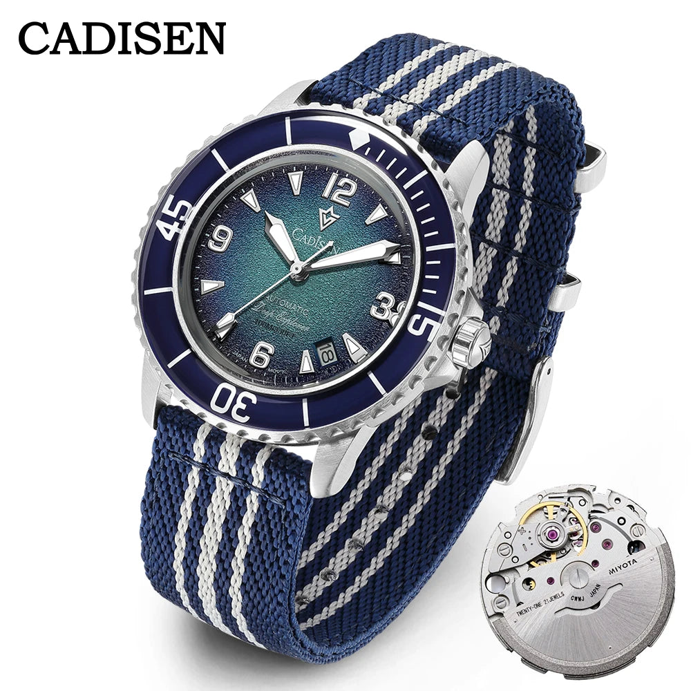 CADISEN Deep Explorer Automatic Mechanical Watch Man Canvas Strap Wristwatch MIYOTA 8215 Luxury Luminous 100M Waterproof Watches