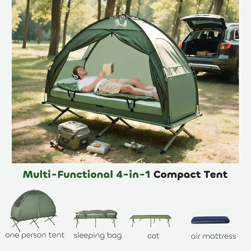 6-in-1 Folding Tent Cot Combo with Mattress, Pillow, Sleeping Bag for Outdoor Camping and Hiking