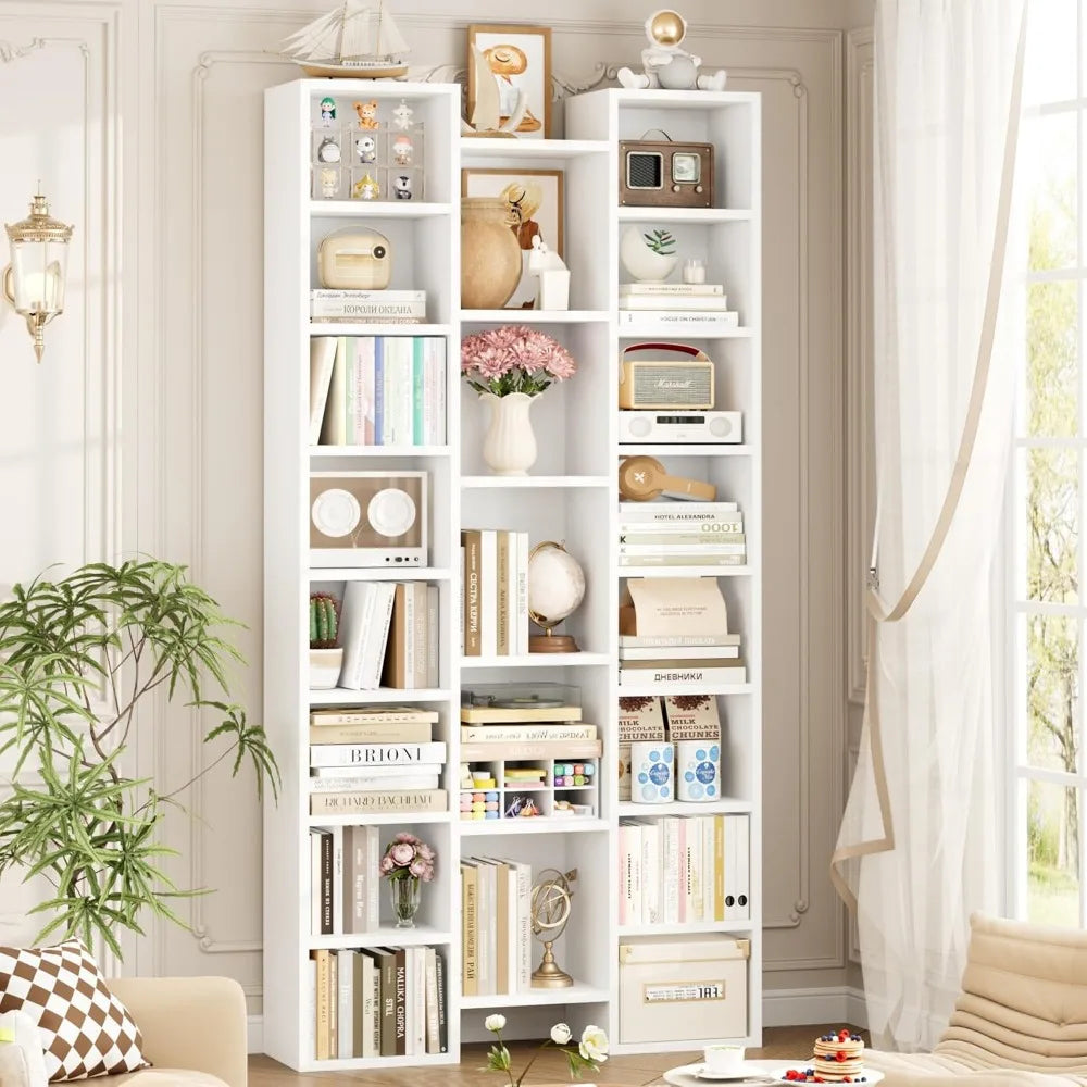 Triple Wide White Bookshelf with 8 Adjustable Shelves, Media CD DVD Storage Tower, Display Cabinet for Home Office