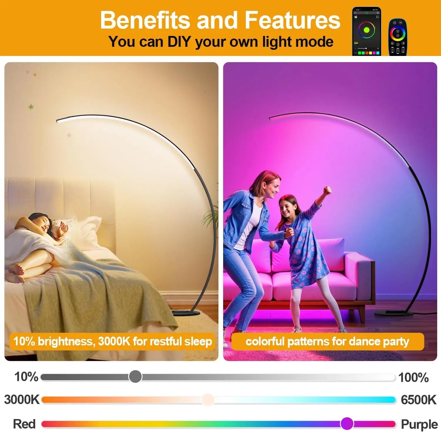 RGB Dimmable Arc Floor Lamp with Remote, 1800LM Bright LED for Living Room, Bedroom, Office