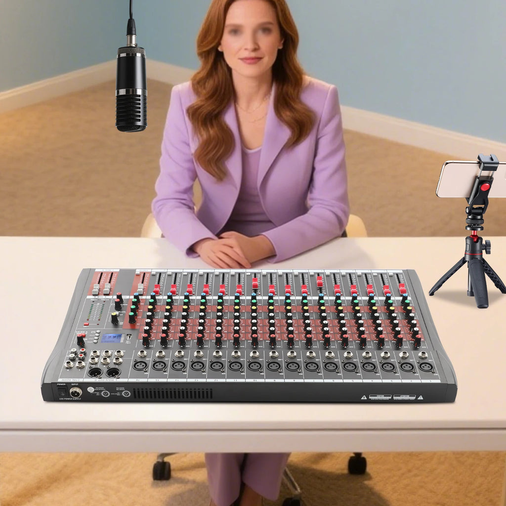 16-Channel Audio Mixer Console with Headphone Jack Professional Bluetooth Dj Audio Mixer for Home KTV, Webcasting, Campus Events