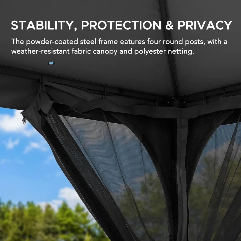 9 ft. x 9 ft. Gazebo with 2-Tier Canopy Roof, Steel Frame Soft top Gazebo with Ceiling Hook and Mosquito Netting, Grey