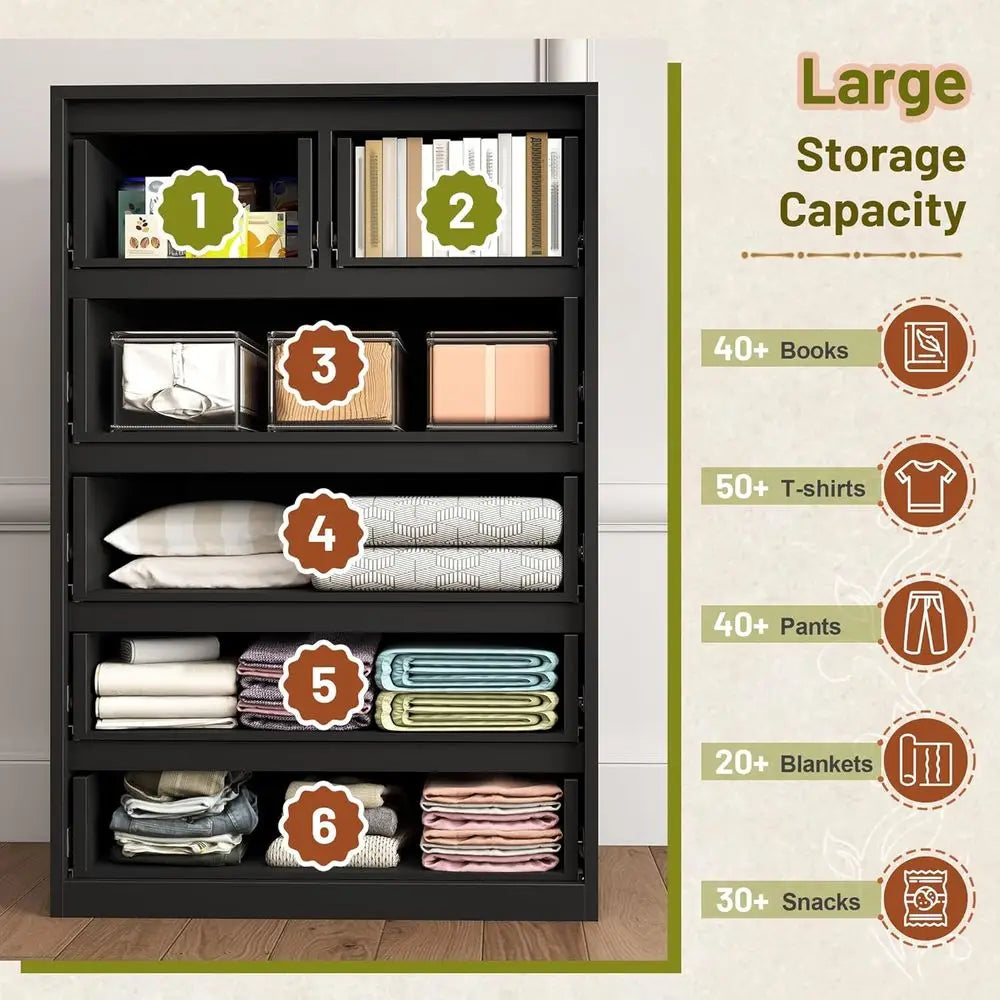 Contemporary Black Wooden 6-Drawer Dresser for Bedroom, Living Room, and Hallway, 43.2H x 27.6W x 15.6D