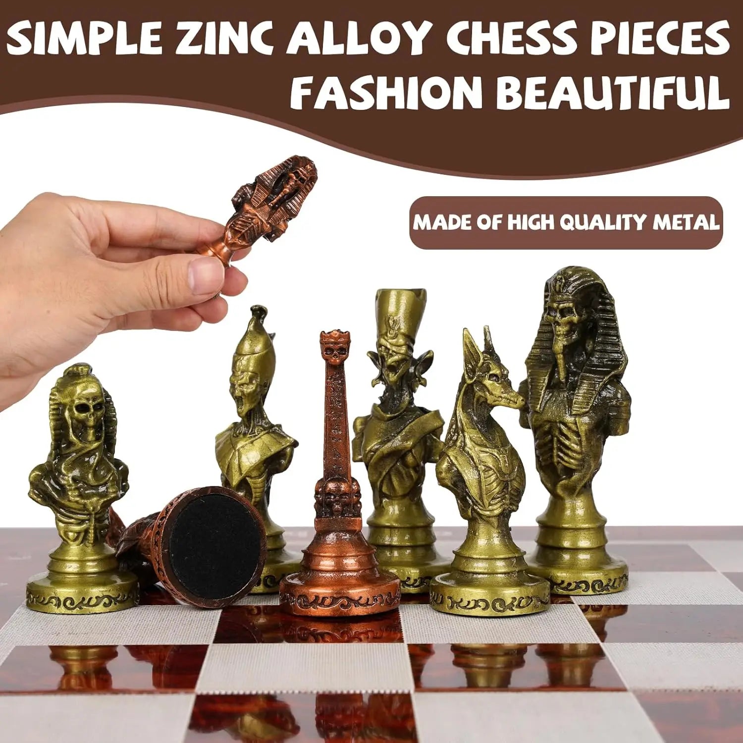 Large Egyptian Metal Chess Set – 15' Foldable Wooden Board, Weighted Antique Pieces – Vintage Luxury Gift for Adults
